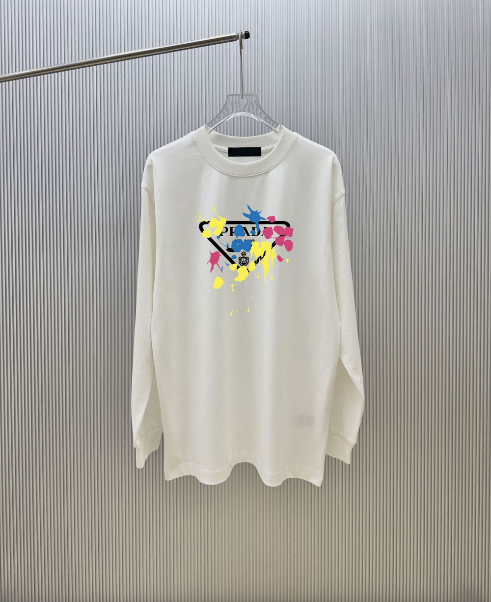 Prada Paint Splash Triangle Logo White Long Sleeve Shirt